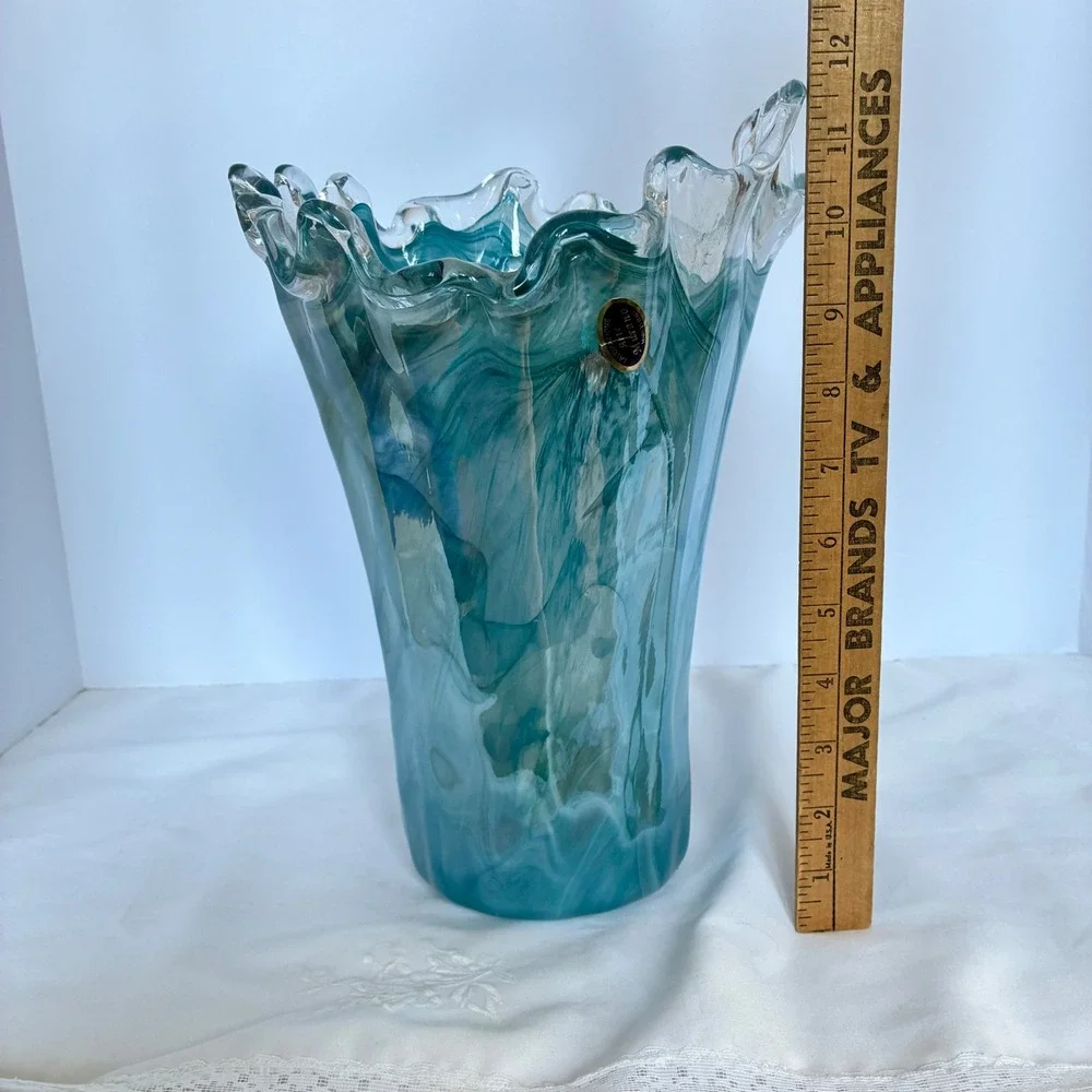 Murano Glass Vase Handkerchief Ruffled Swirl Made Italy MCM Art Deco Luxury